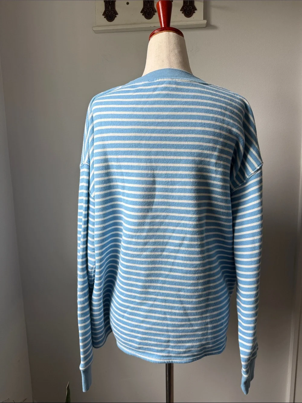 J. Crew Light Blue and White Striped Crewneck Sweater Oversized Cotton Crew - Picture 3 of 5